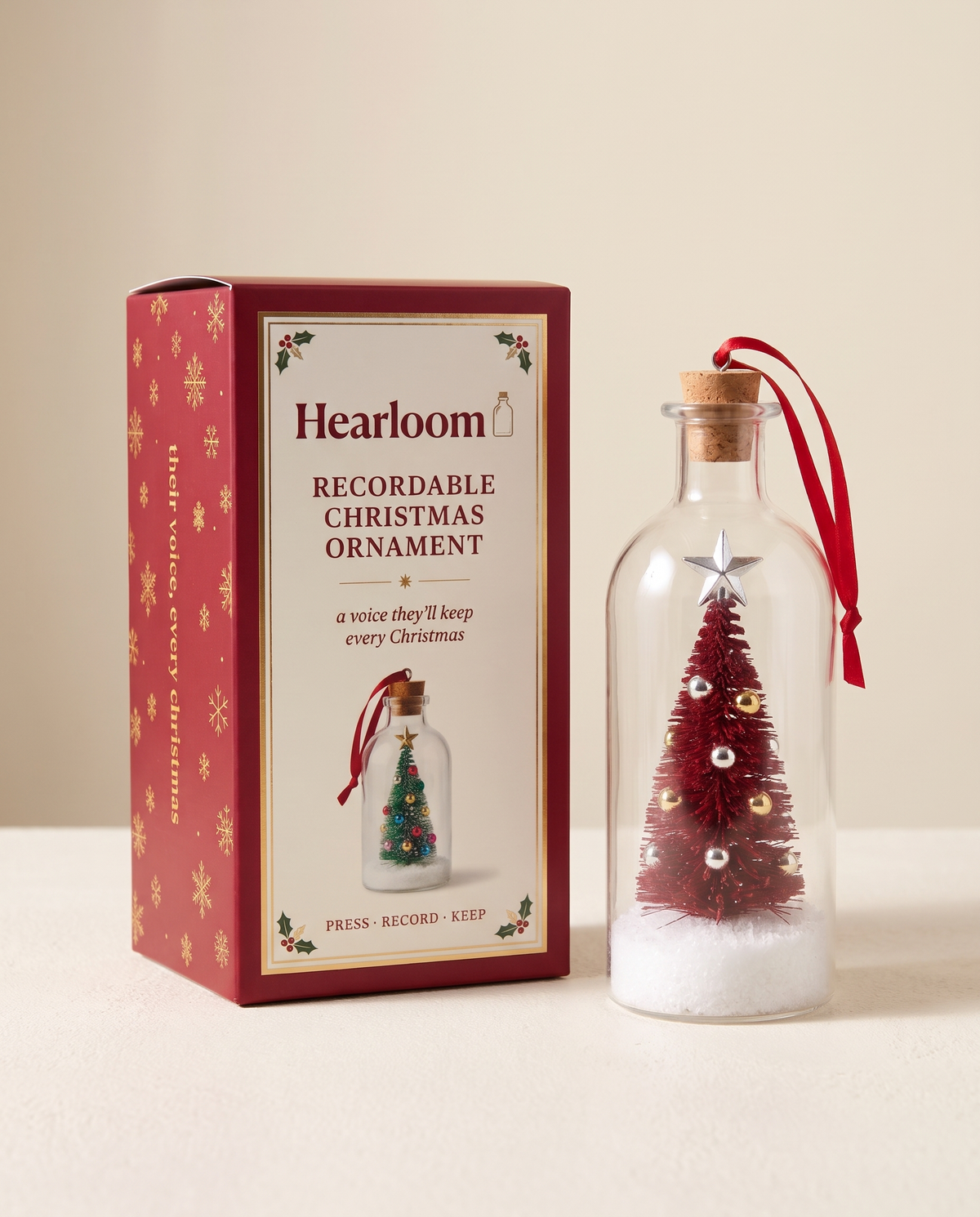 Hearloom recordable Christmas ornament with red tree and gift box