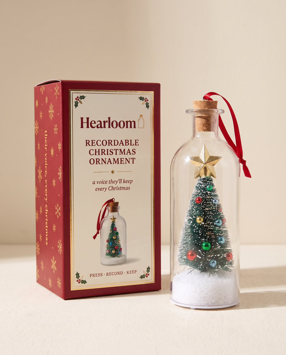 Hearloom recordable Christmas ornament with green tree and gift box